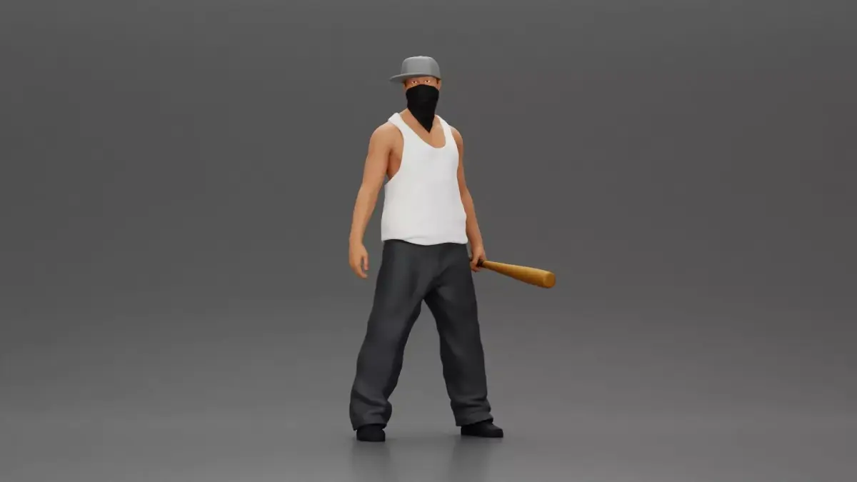 Gnangster Man in streetwear posing with a bat and face mask 3D print model