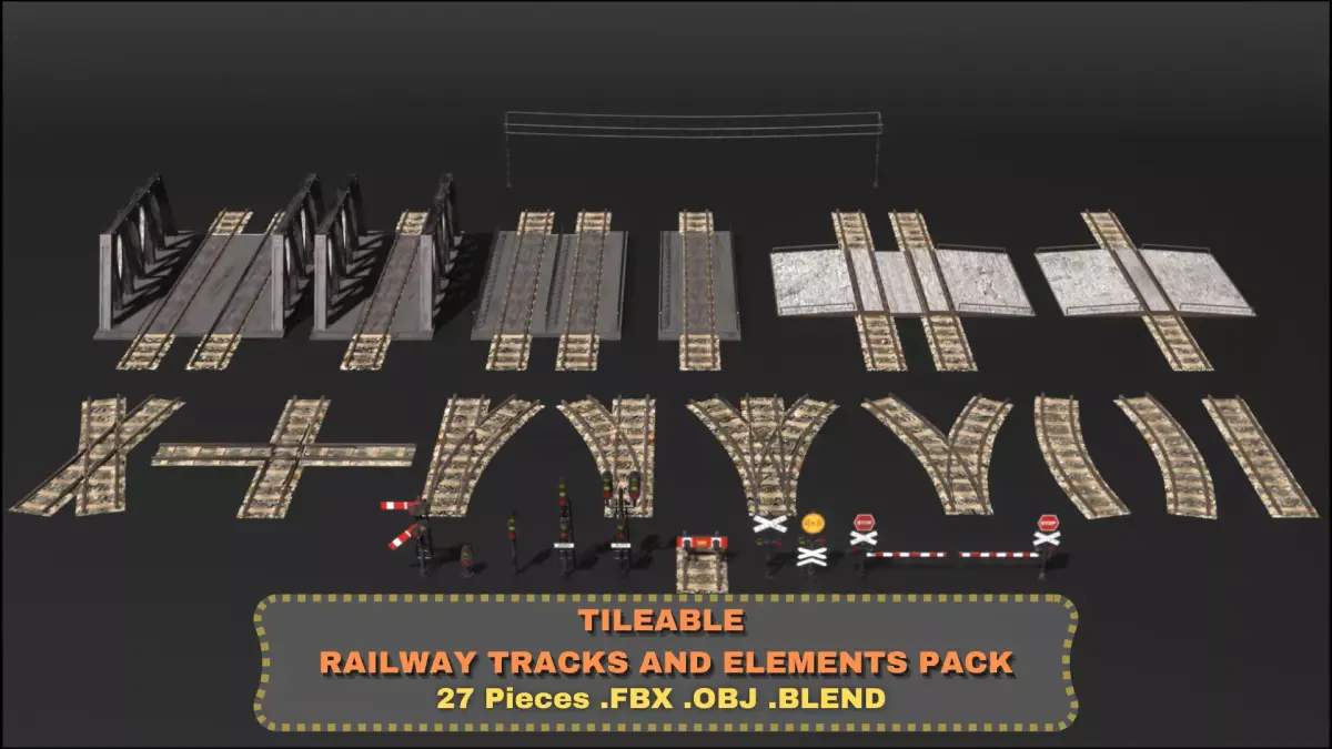 Tileable Railway Tracks and Props Pack Low-poly 3D model