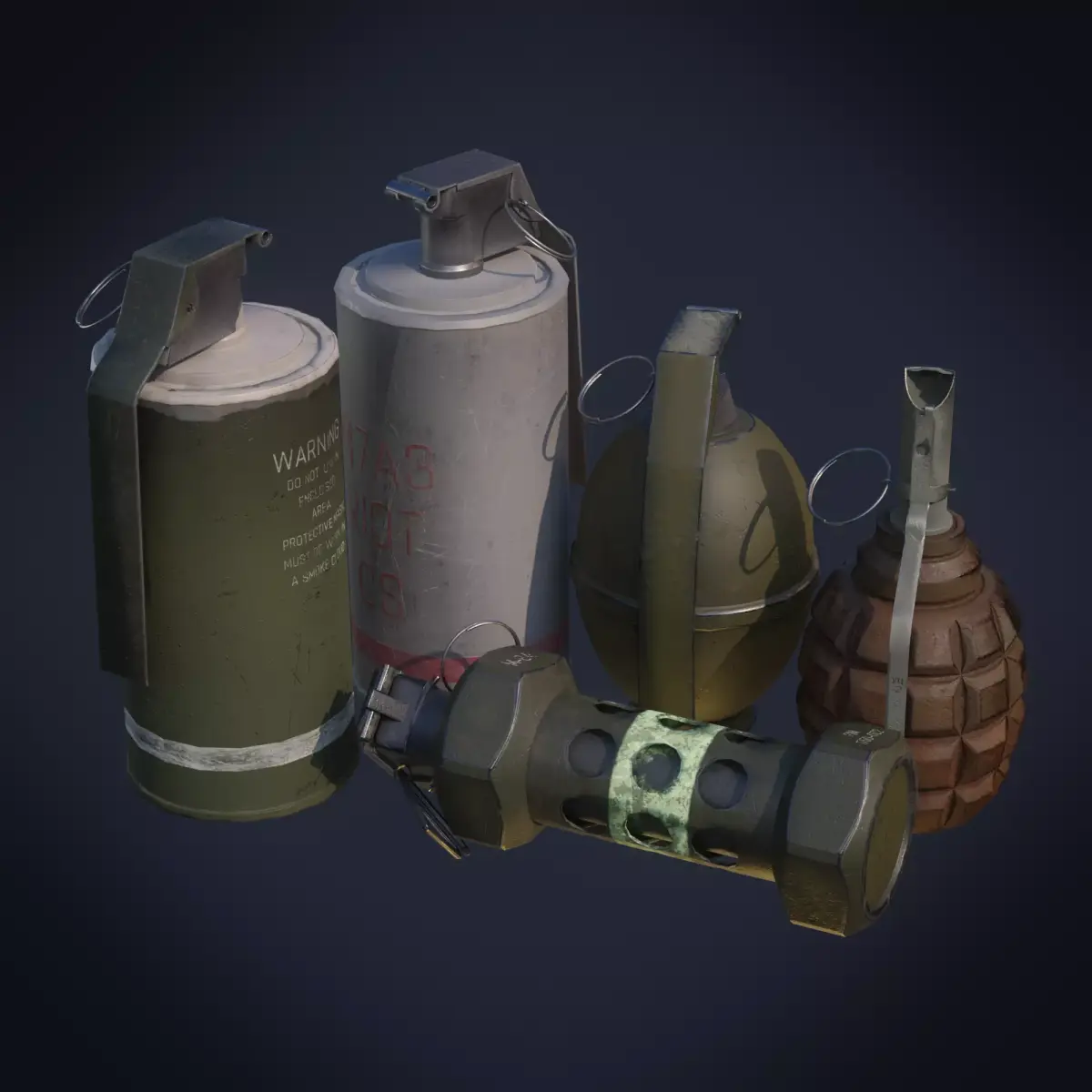3D game-ready models of 5 Photorealistic Grenades Low-poly 3D model