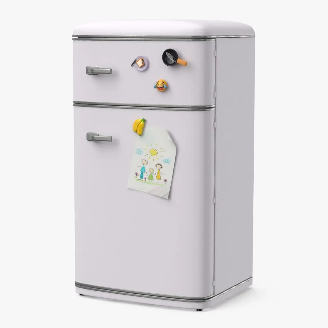 Vintage Fridge with Decorative Magnets and Child Drawing 3D model