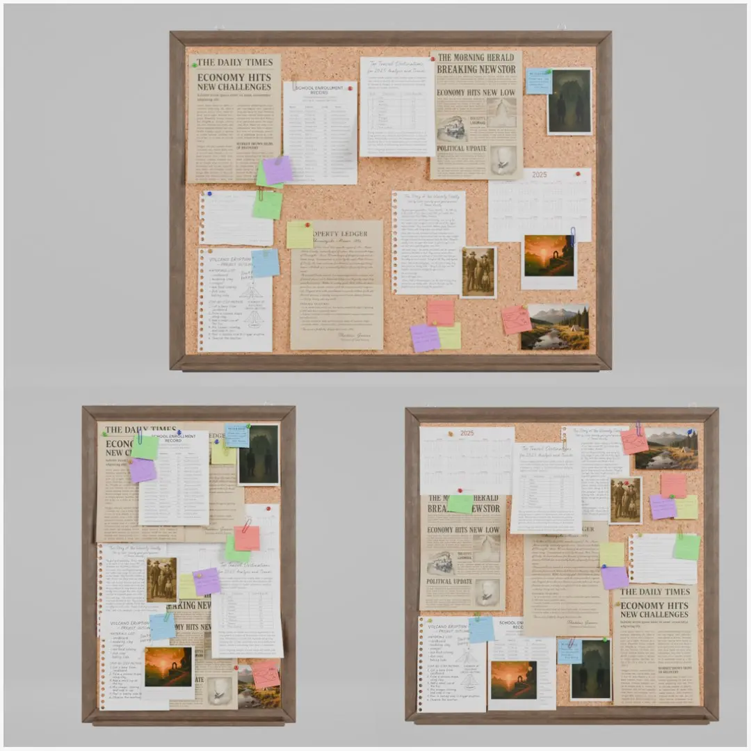 Classic Wooden Corkboard Trio - Customizable Wall-Mounted Pin Boards 3D model
