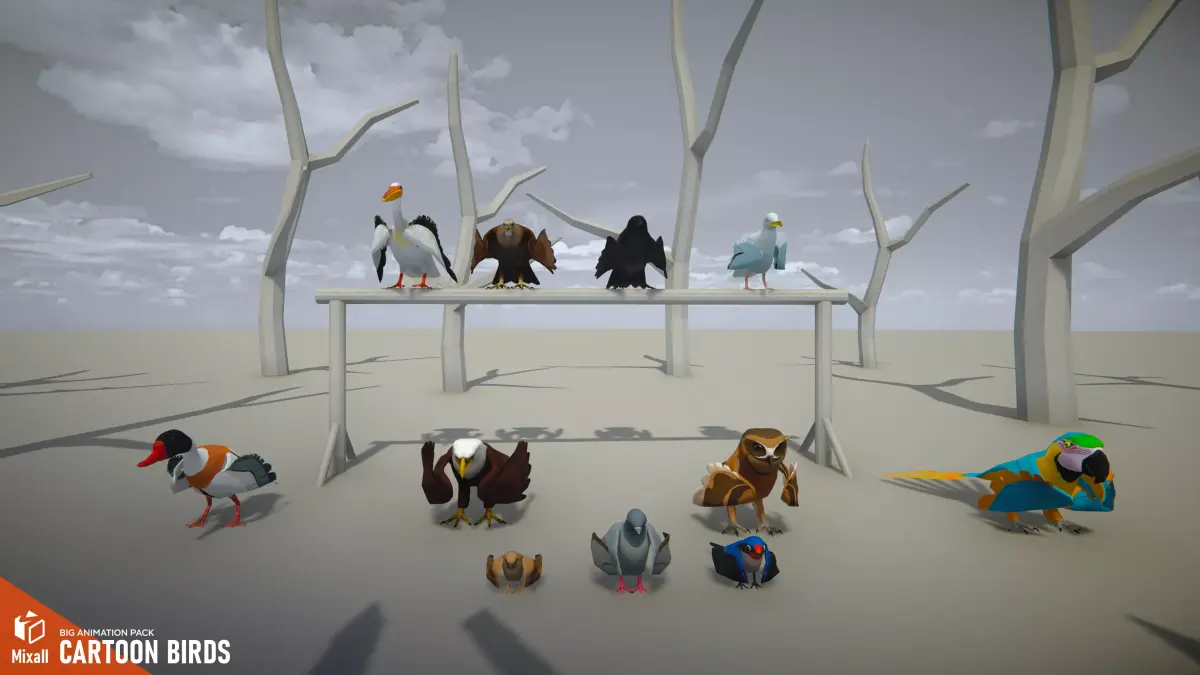 Cartoon birds - big animation pack Low-poly 3D model