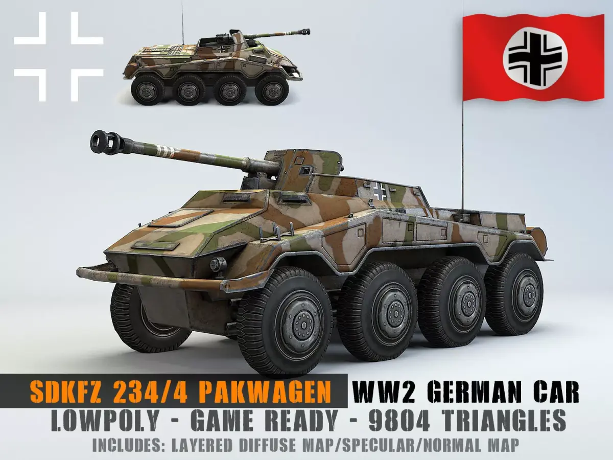 Low Poly SdKfz 234 4 Pakwagen Low-poly 3D model