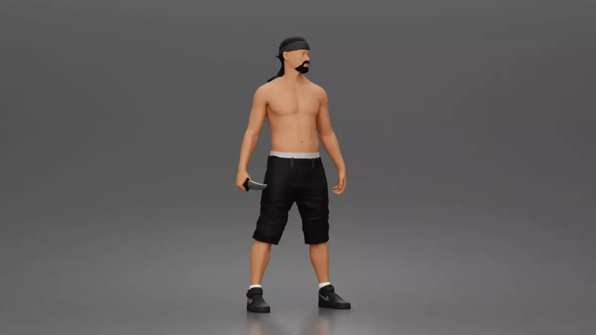gangster stands holding knife wearing shorts sneakers headband 3D print model