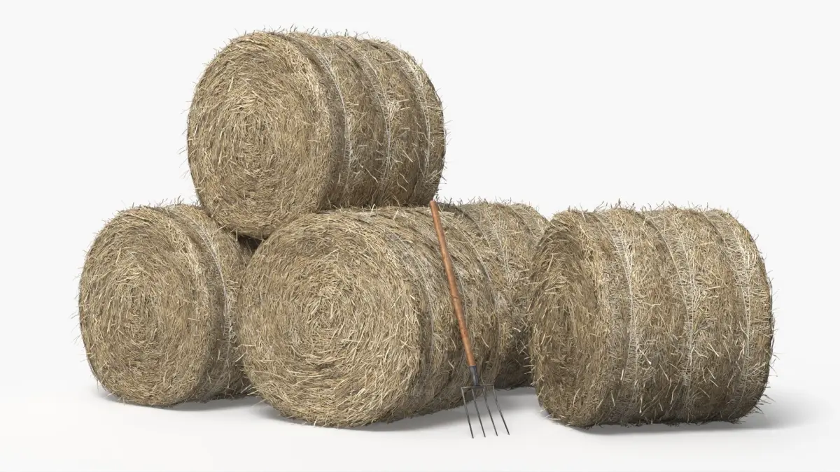 Round Hay Bales Stack with Pitchfork Golden Brown 3D model