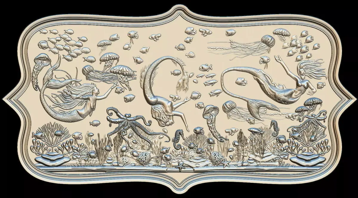 Aquatic Mermaid Theme Panno v4 STL for CNC Relief engraving 3D model