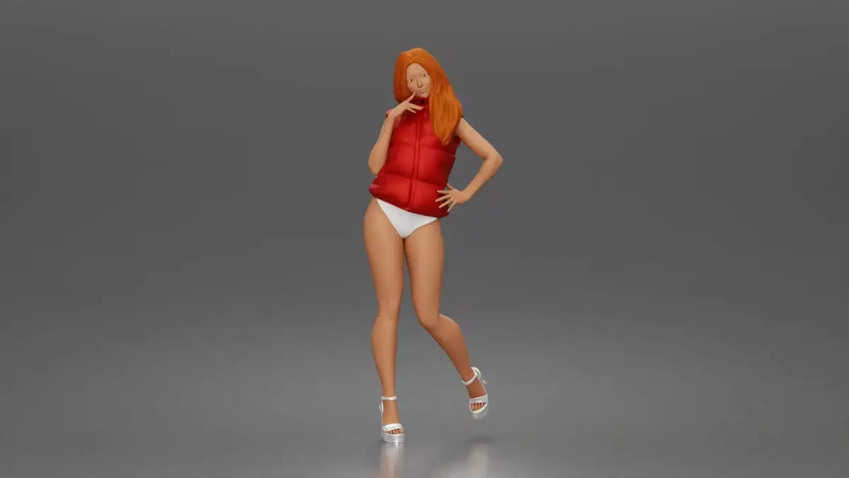 Woman poses flirtatiously wearing puffer vest bottoms 3D print model