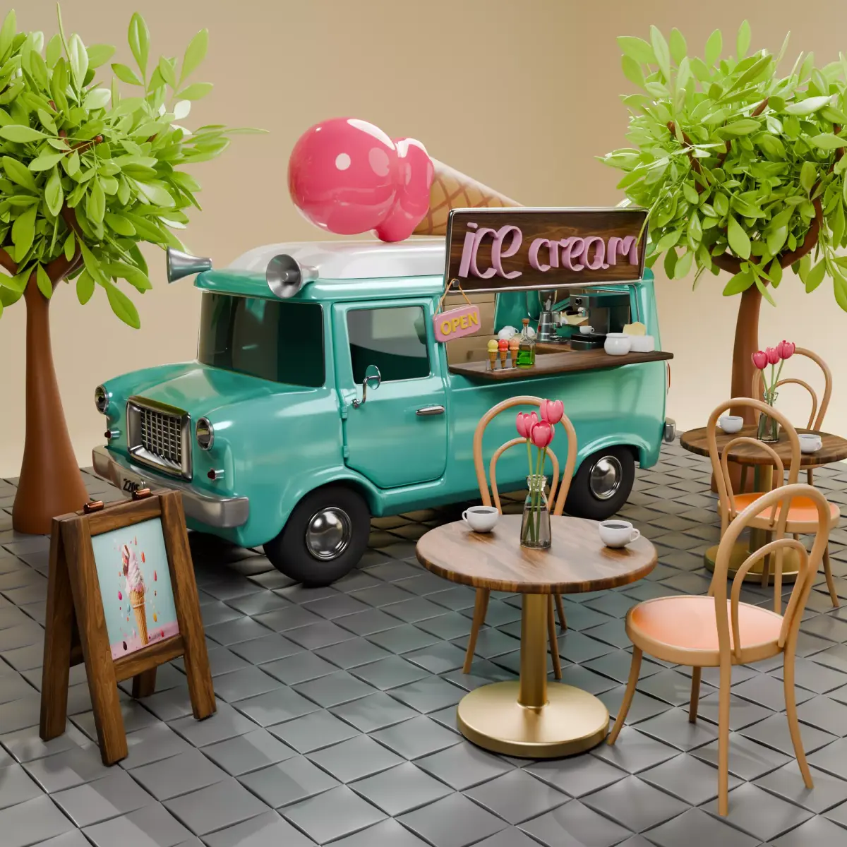 Isometric Coffee and Ice Cream Truck  Low Poly Stylized 3D Scene Low-poly 3D model