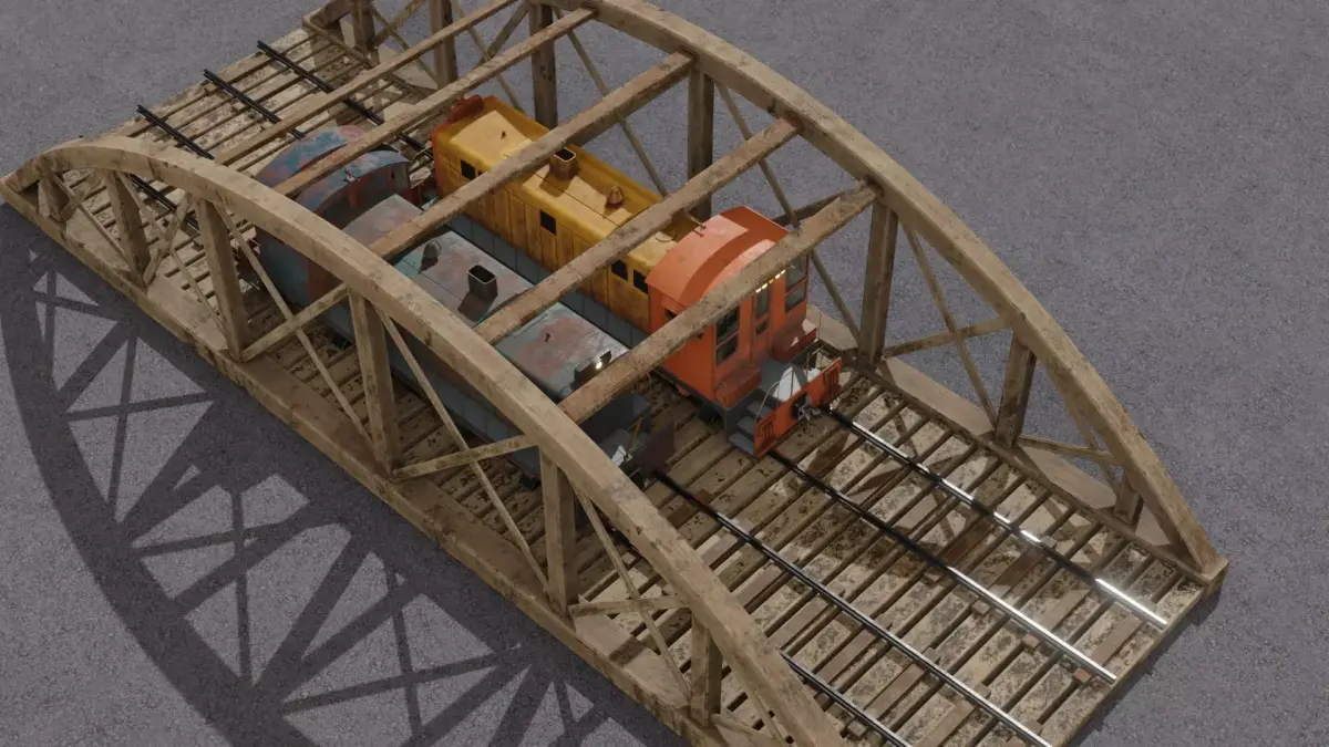 Old wooden bridge and locomotive 3D models Low-poly 3D model