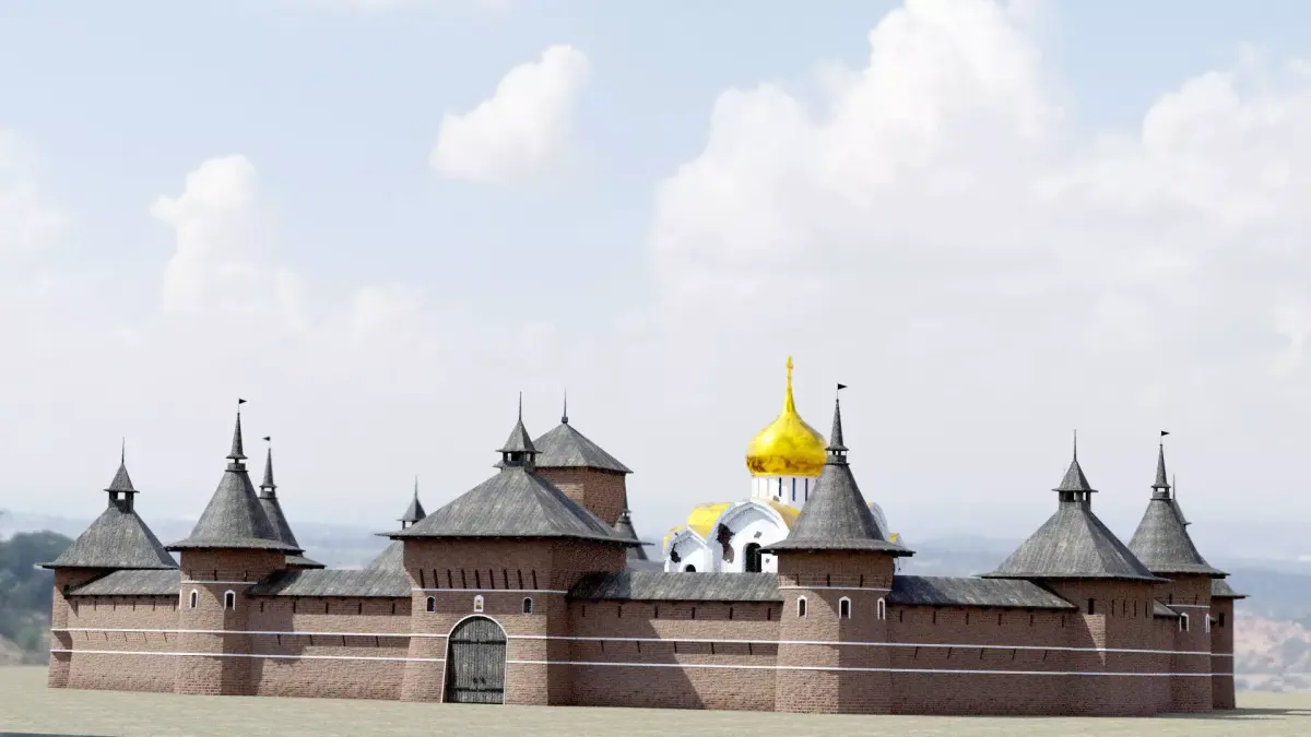 Fortress brick castle in middle of field Low-poly 3D model