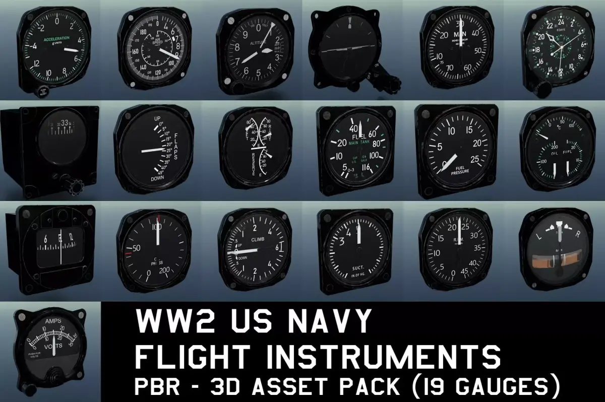 WW2 US NAVY FLIGHT INSTRUMENTS - ASSET PACK Low-poly 3D model