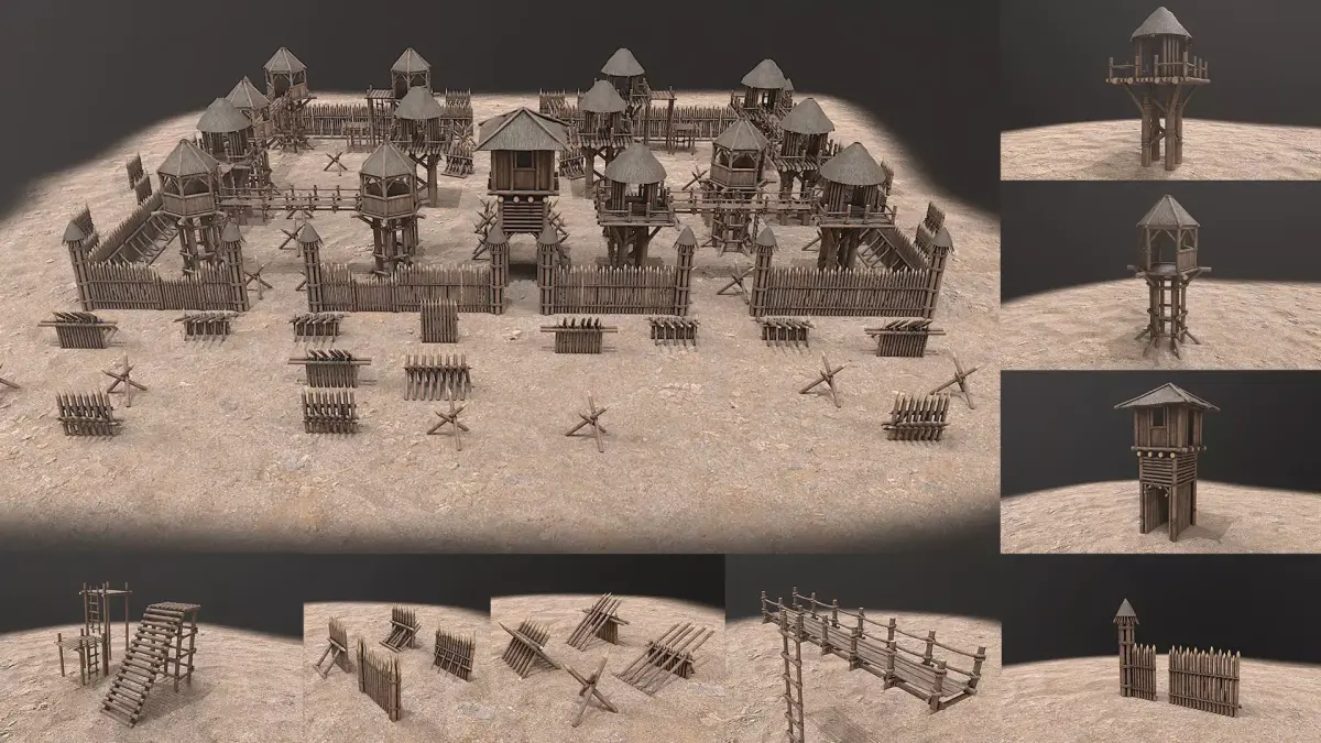 Medieval Wooden Castle  Tower Fort Constructor PBR Low-poly 3D model