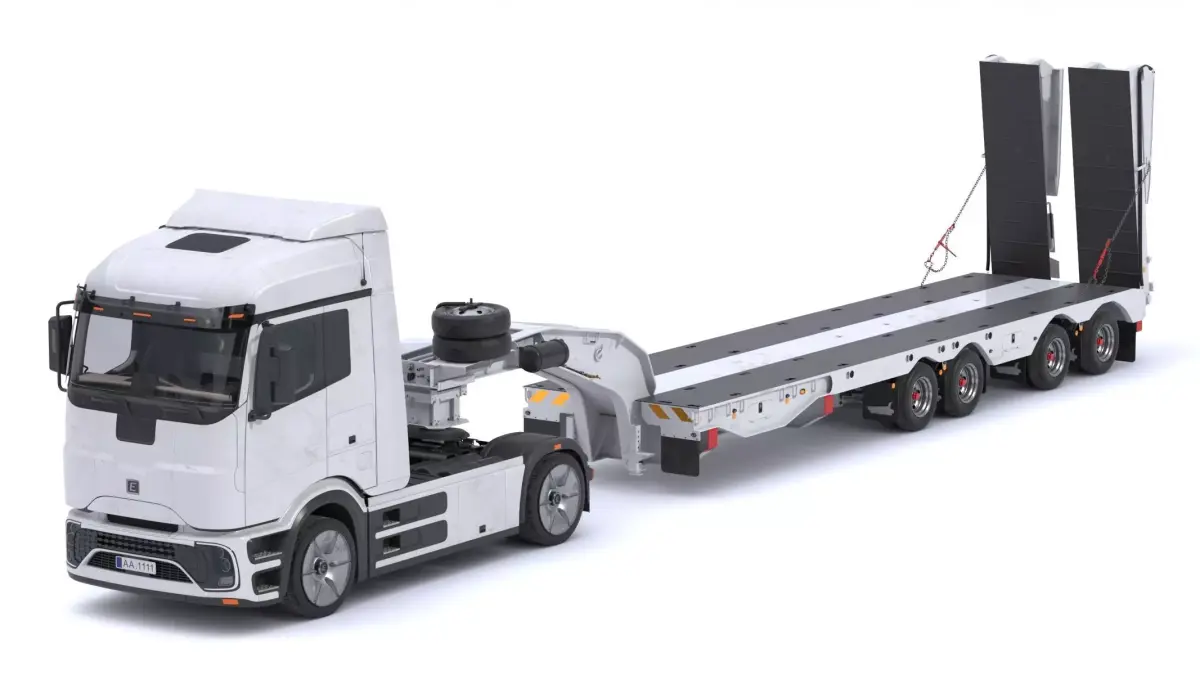 Electric Truck with Low Loader Trailer Dirty 3D model