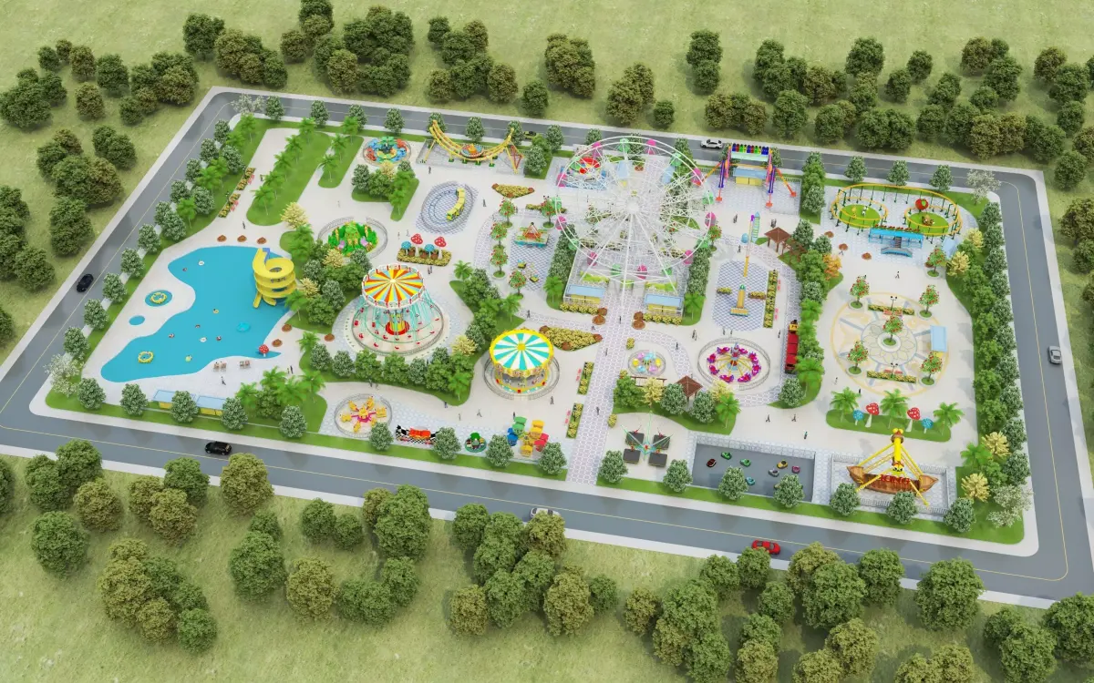 Cartoon colorful childrens theme park many amusement equipment Low-poly 3D model