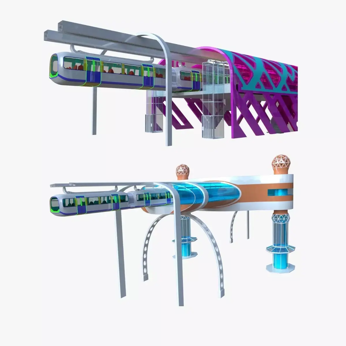 Monorail stations with train 3D Model Pack