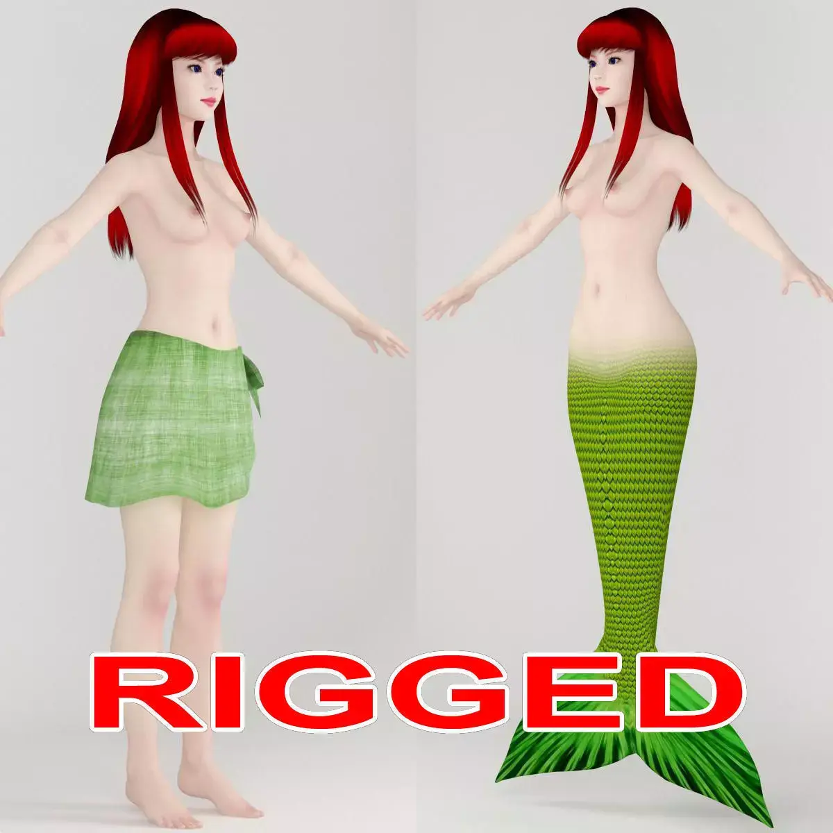 T pose rigged model of little mermaid and human form 3D model