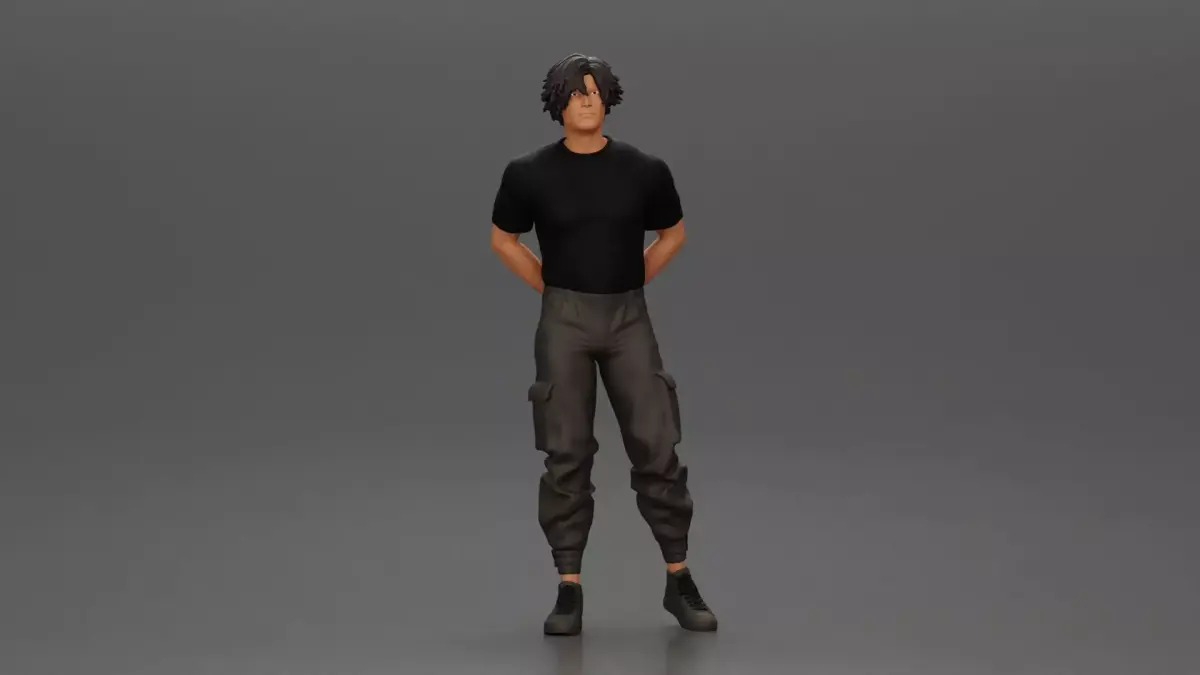 Man with messy hair wearing black shirt and cargo pants 3D print model