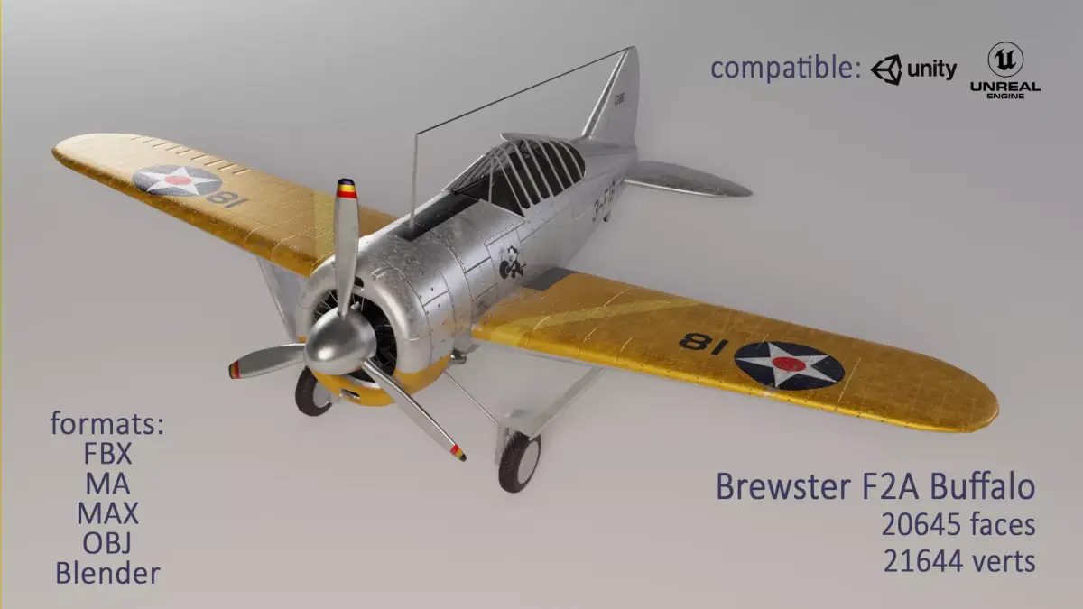 Low poly game ready F2A Buffalo fighter aircraft Low-poly 3D model