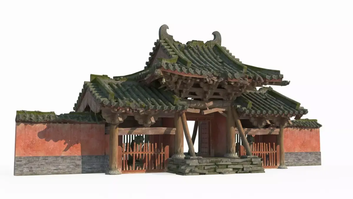 The ruined gate of an ancient Asian temple 3D model