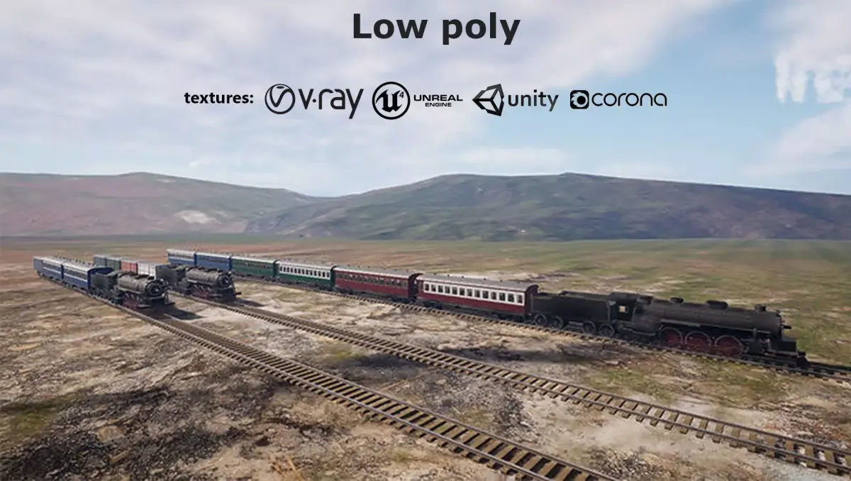 locomotive  animation passenger car with interior Low-poly 3D model