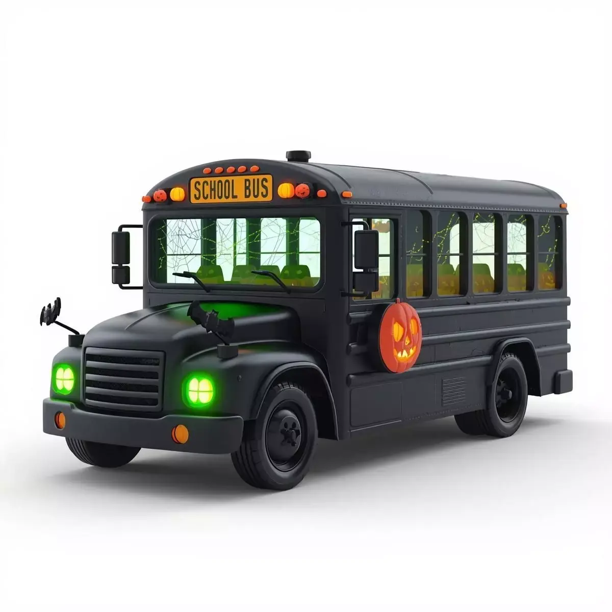 Eerie Black School Bus with Glowing Green Headlights 3D Model Low-poly 3D model