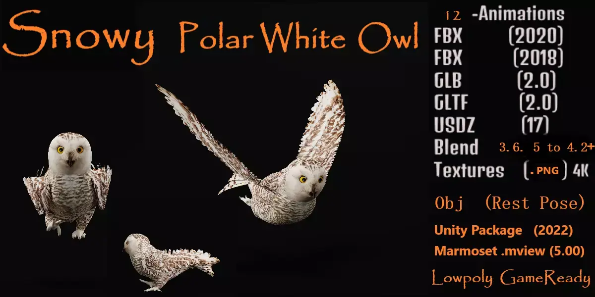 Snowy Polar White Owl Low-poly 3D model