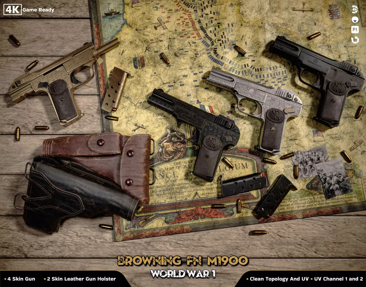 Browning FN M 1900 Colt World War  Low-poly 3D model