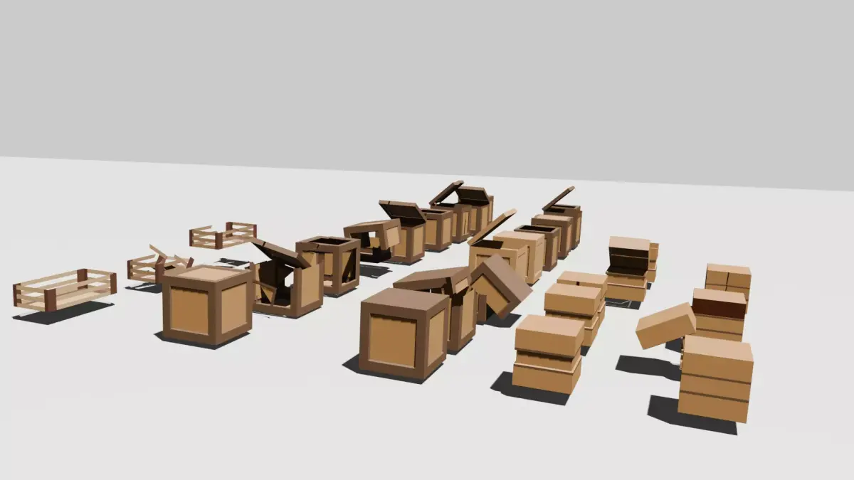 Low Poly Wooden Crate Pack Game Assets Open-Closed-Broken-Boxes Low-poly 3D model