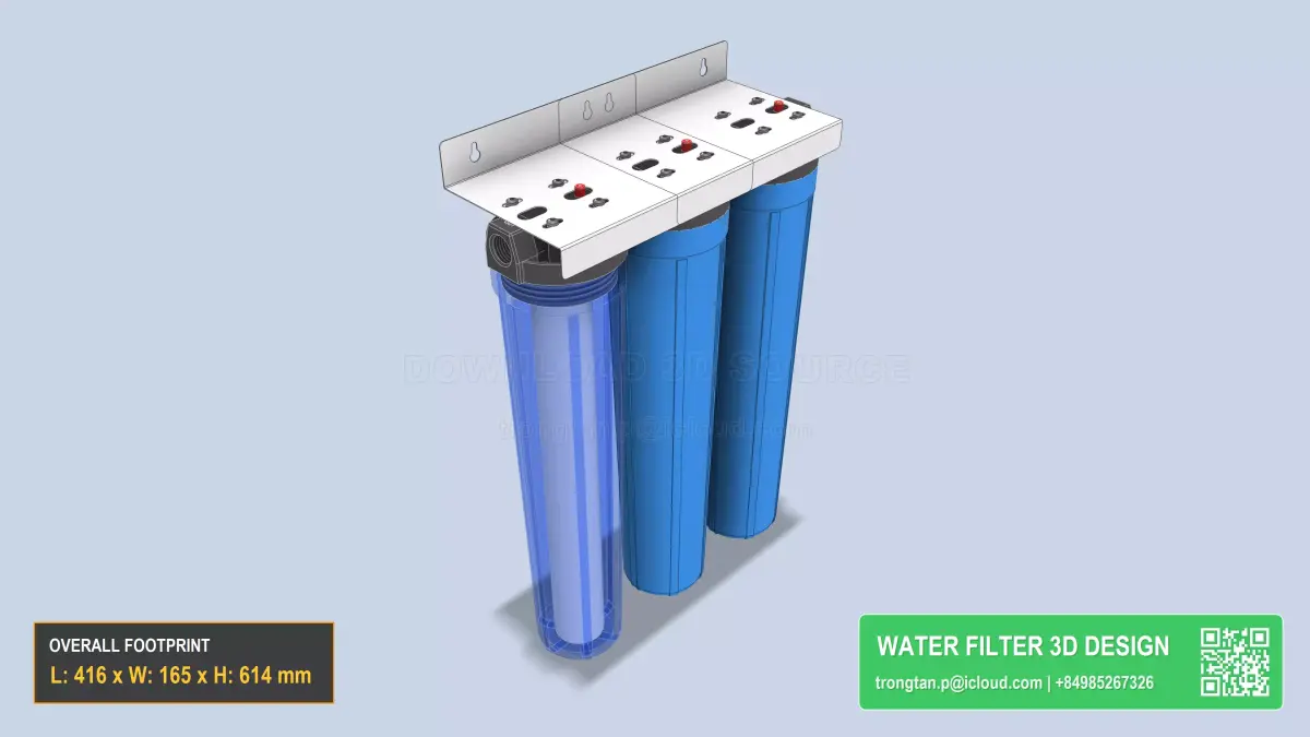 Triple 20 Inch Water Filter Housing Set 3 Stage Pre Filtration 3D model