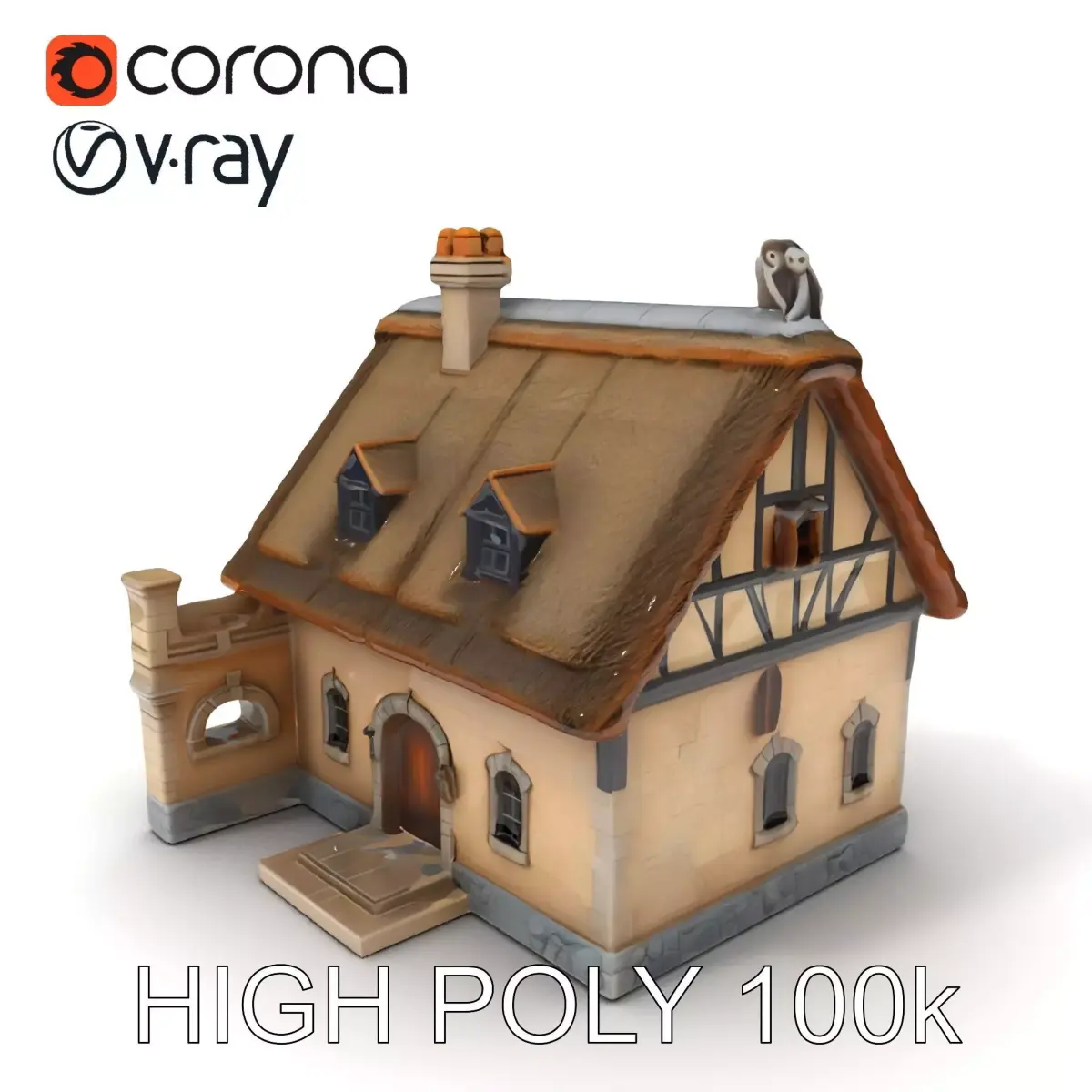 Cozy Cottage Model Pack with Detailed Thatched Roof Low-poly 3D model