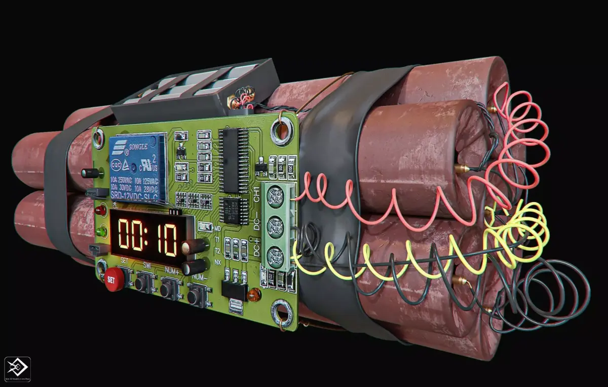 dynamite electronic bomb with wires and clock 3D model