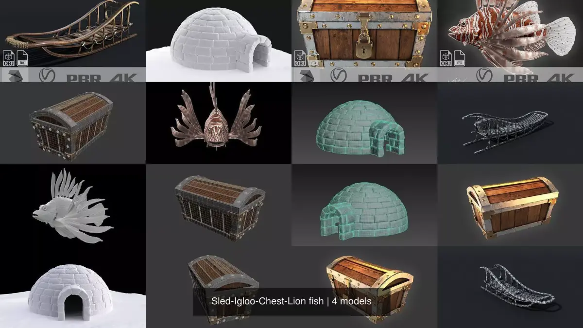 Sled-Igloo-Chest-Lion fish 3D Model Pack