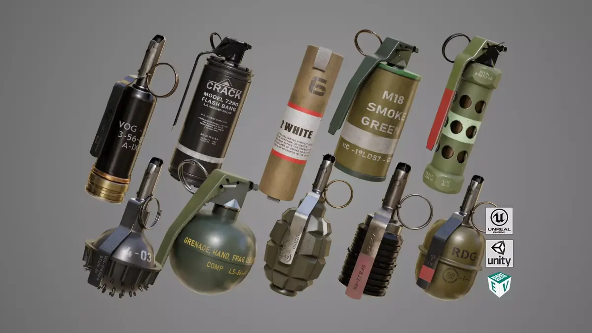 10 Grenades Single Mat All PBR Unity UE Textures Low-poly 3D model