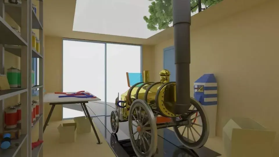 Steam cartoon locomotive in a glazed garage 3D model