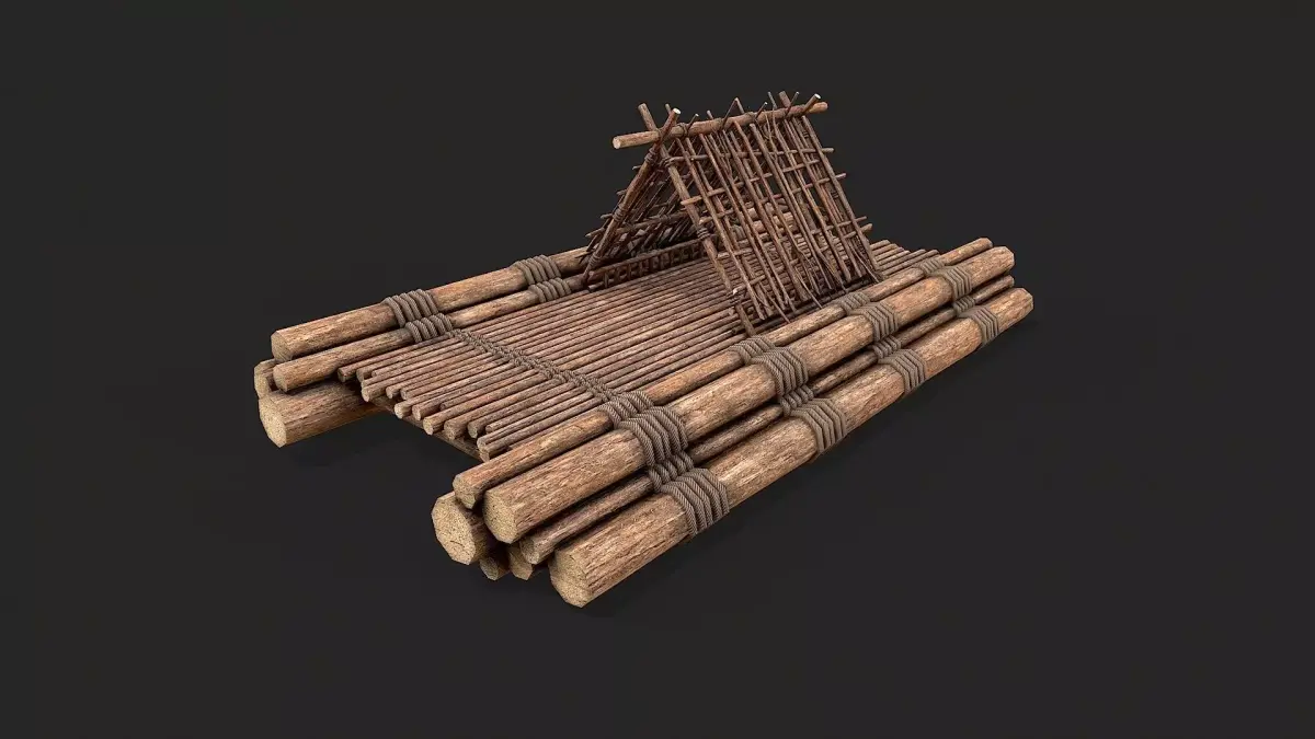 Primitive Wooden Raft Survival Boat  Low-poly 3D model