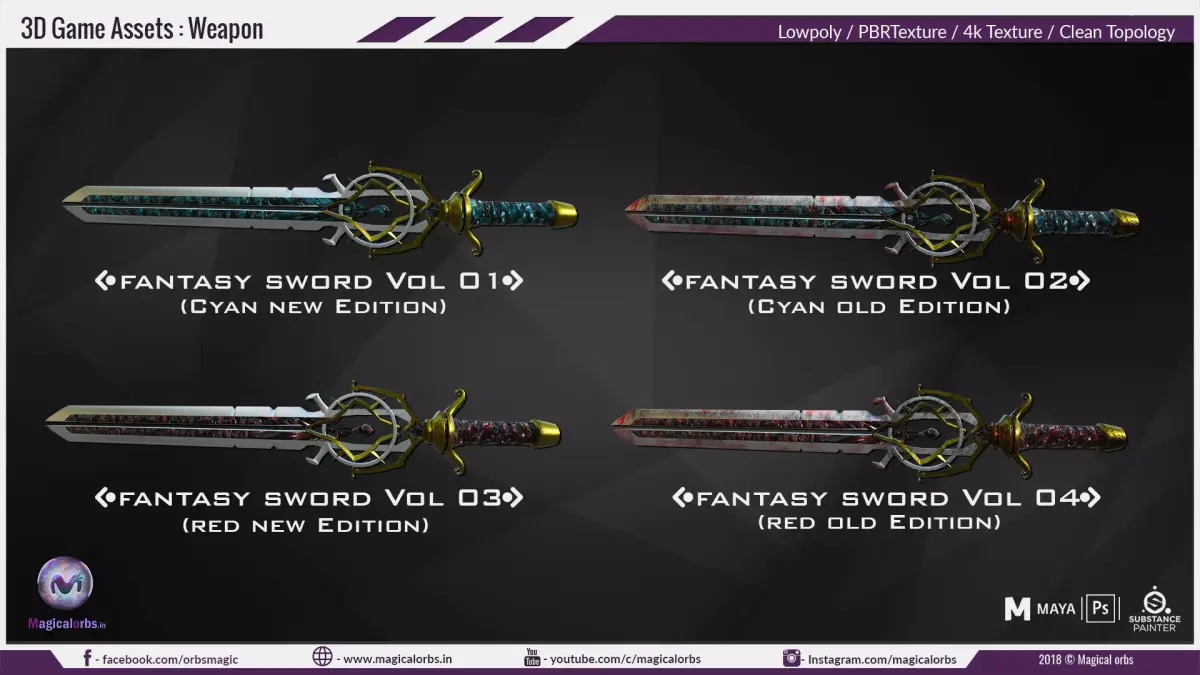 Fantasy Swords Vol 1  combo 4in1 Low-poly 3D model