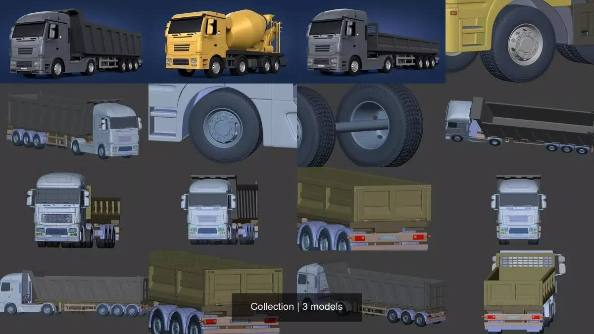 Generic Heavy trucks  -- Cement Mixer - Tipping - Construction 3D Model Pack