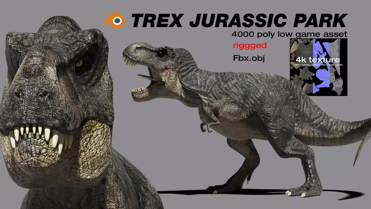 Trex Jurassic Park  -3d model- classics look Low-poly 3D model