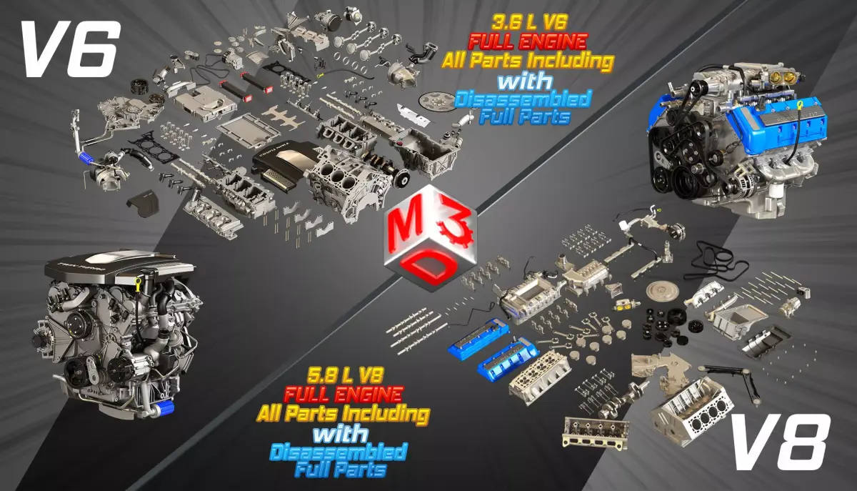 V8 and V6 Full Internal Parts with Disassembled Full Parts 3D Model Pack