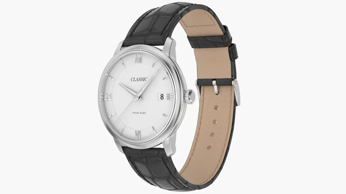 Classic Watch Black Leather Bracelet White Dial 3D model