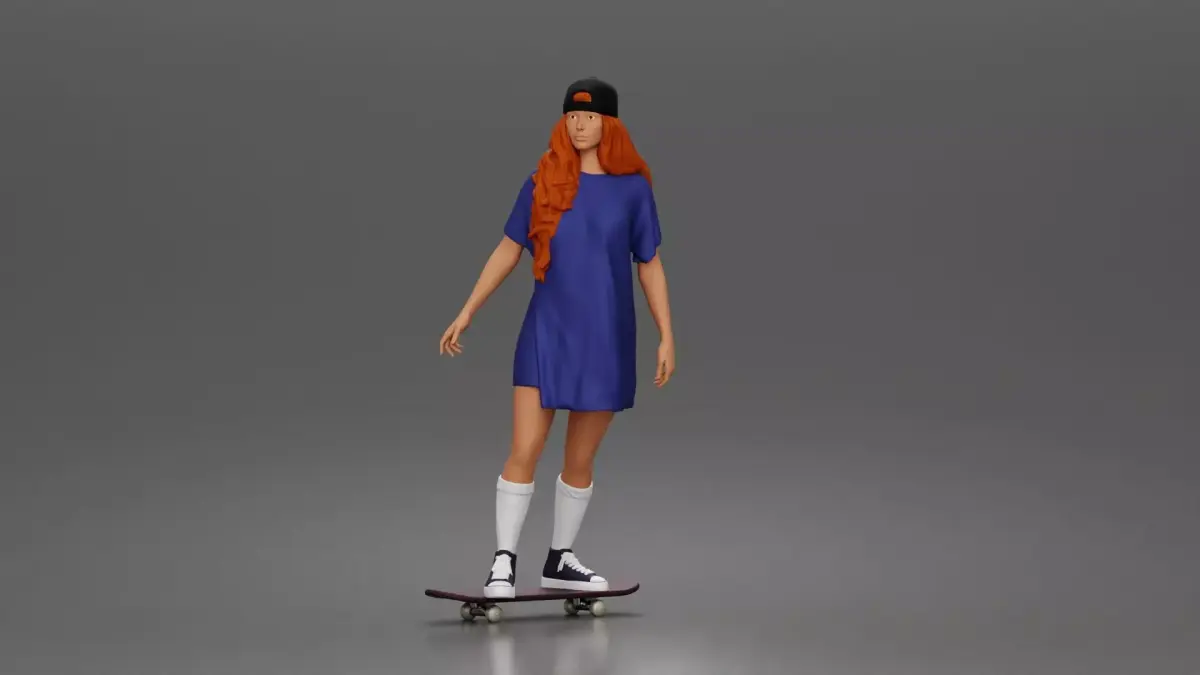 Skateboard girl in long shirt and cap gliding smoothly forward 3D print model