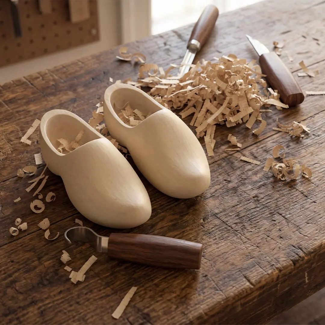 Handcrafted Wooden Clogs with Carving Tools Beige 3D model