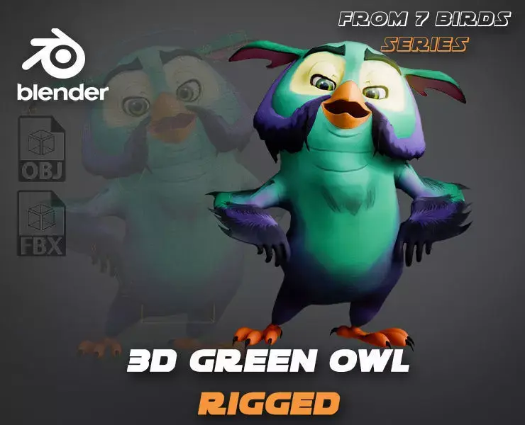 Chibi Owl - 3D green - Rigged Cartoon Bird Low-poly 3D model
