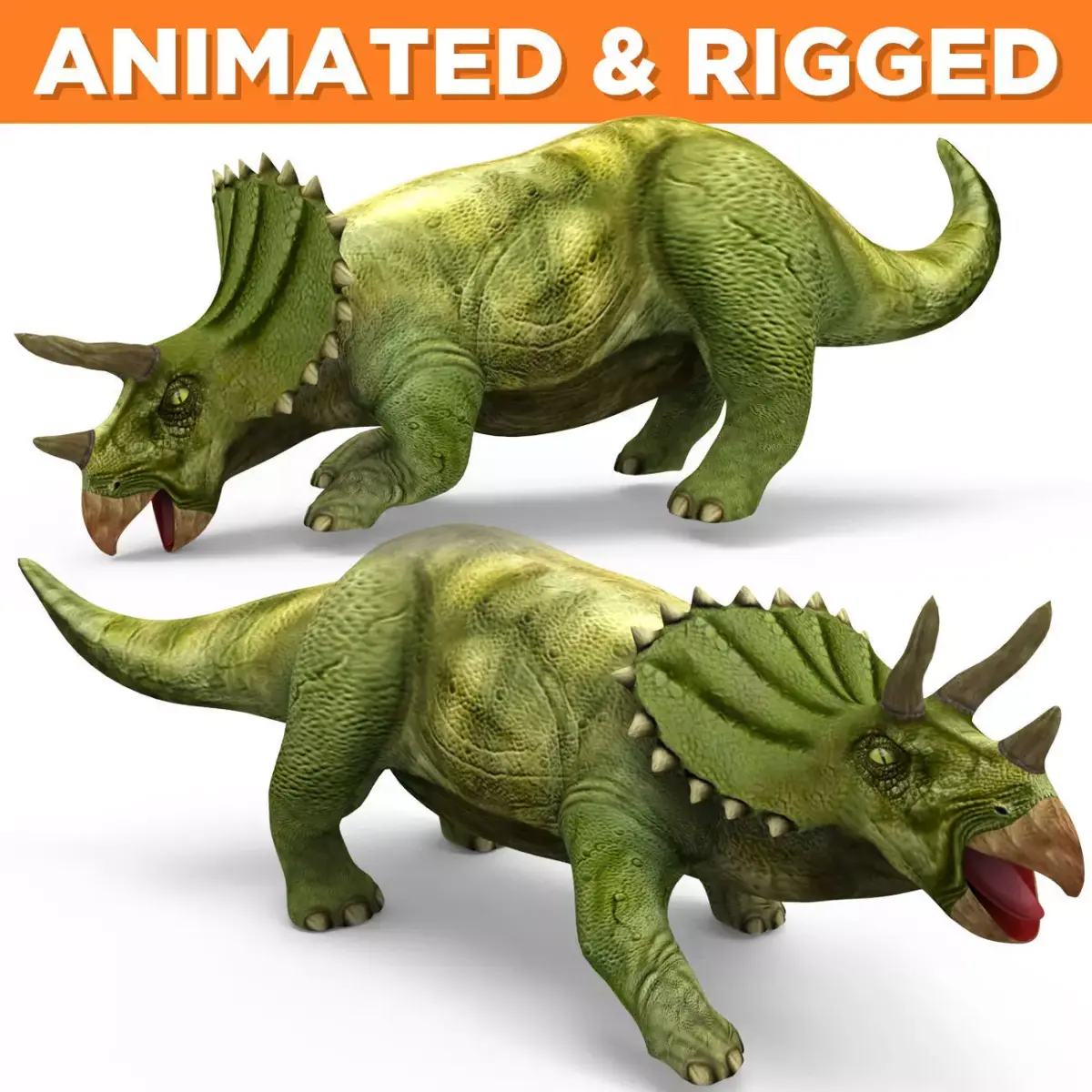 Green Triceratops dinosaur Rigged  Animated 3D Model Low-poly 3D model