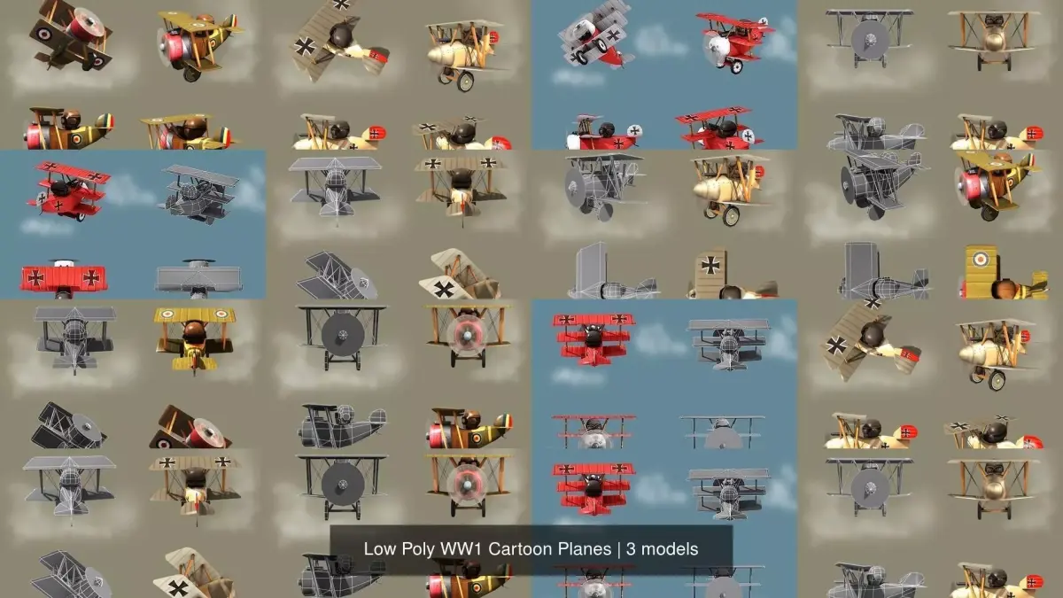 Low Poly WW1 Cartoon Planes 3D Model Collection