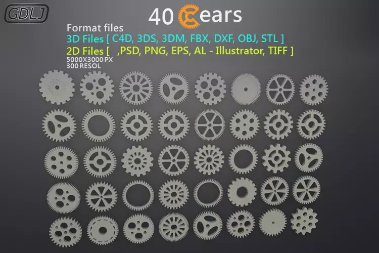 40 Gears 3D-2D Format files Low-poly 3D model