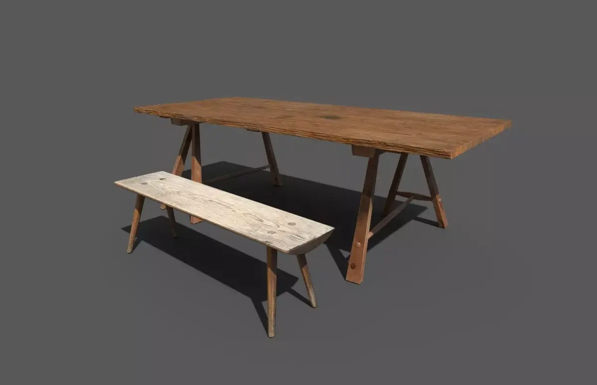 Movable medieval table and bench set Low-poly 3D model