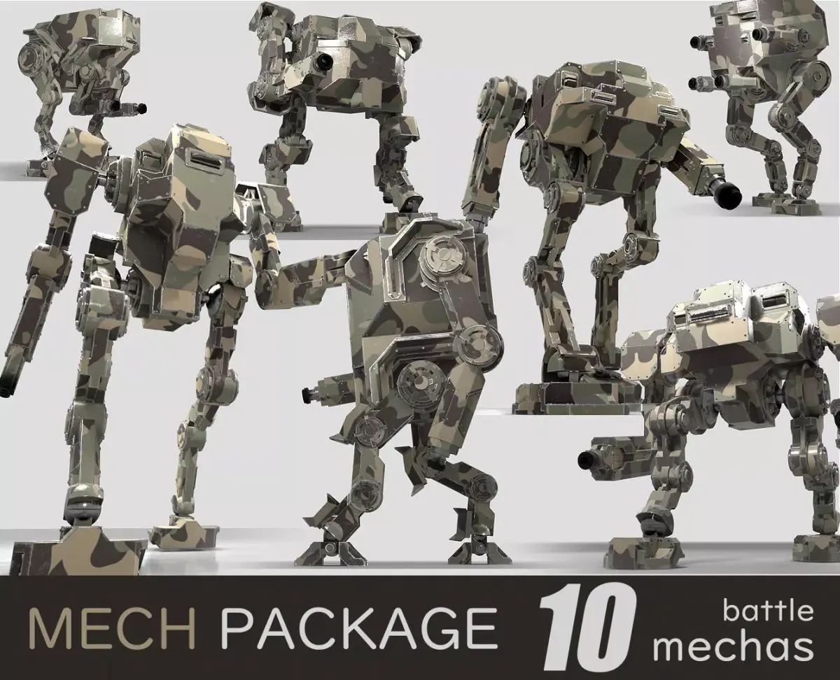 Package of 10 Battle Mechas Low-poly 3D model