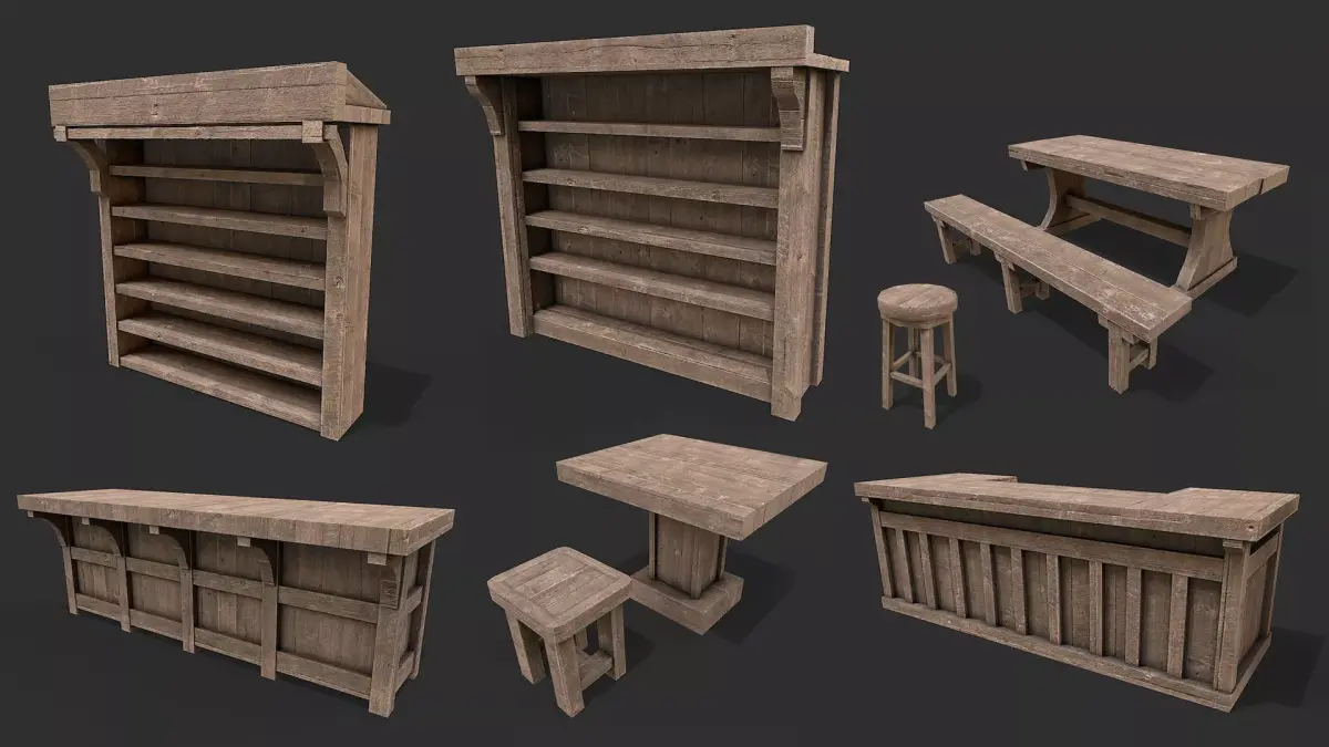 Medieval Environment Props 14 Tavern Furniture Pack Low-poly 3D model