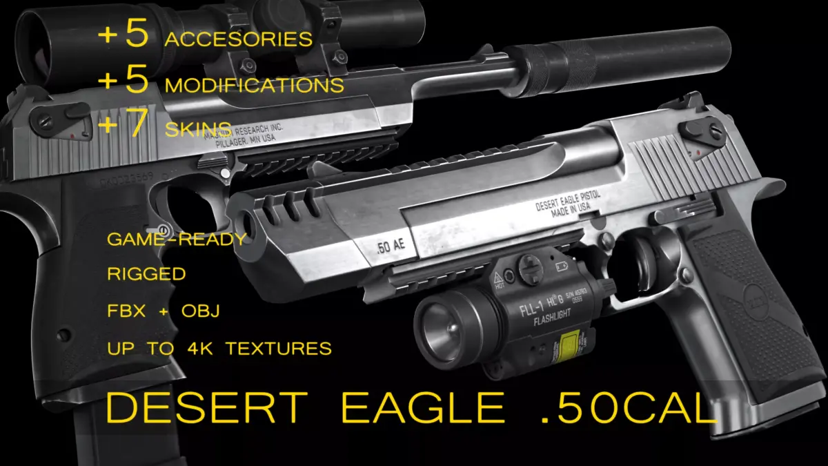 Desert Eagle with Modifications and Skins Low-poly 3D model